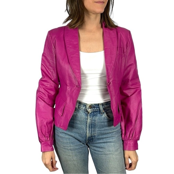 METRO STYLE Y2K HOT PINK LEATHER PUFF SLEEVE TAILORED BARBIE BLAZER JACKET - Picture 2 of 15